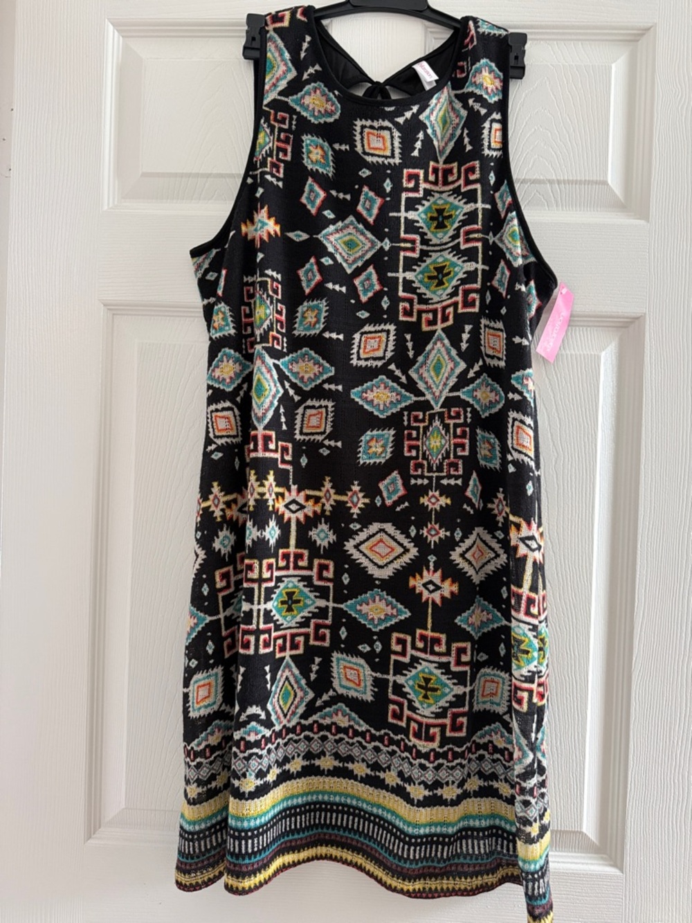 Xhilaration Black Mini Dress with Teal, Yellow & Coral Geometric Print